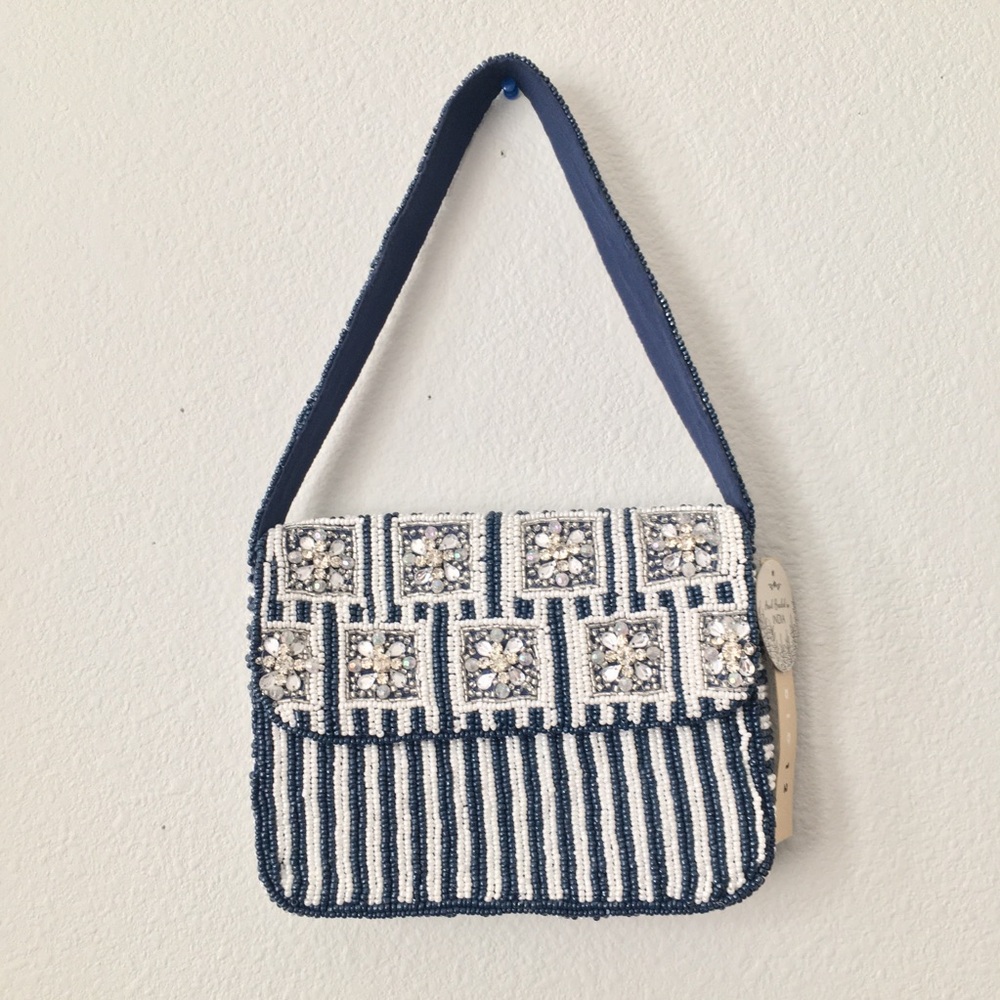 Beaded Navy and White Stripe Shoulder Bag With Rhinestone Crystals